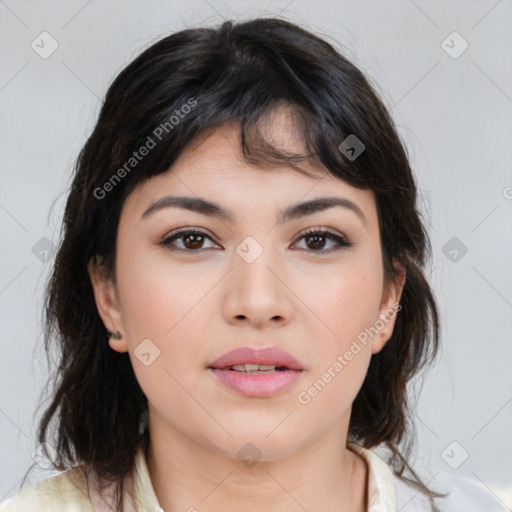 Neutral asian young-adult female with medium  brown hair and brown eyes