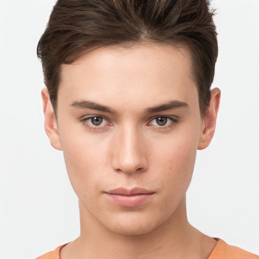 Neutral white young-adult male with short  brown hair and brown eyes