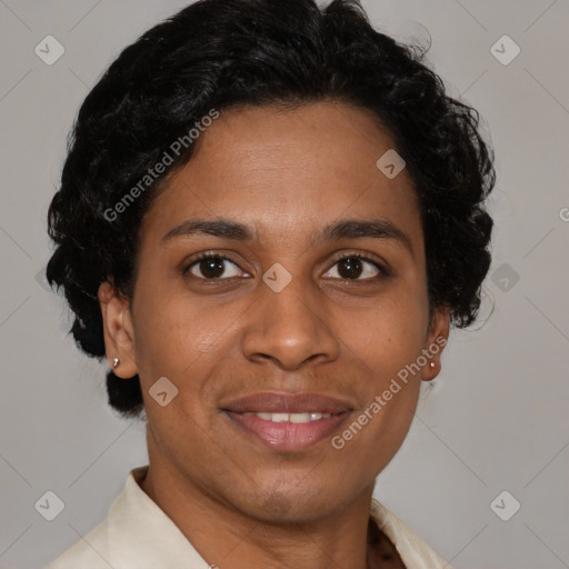 Joyful latino adult female with short  brown hair and brown eyes