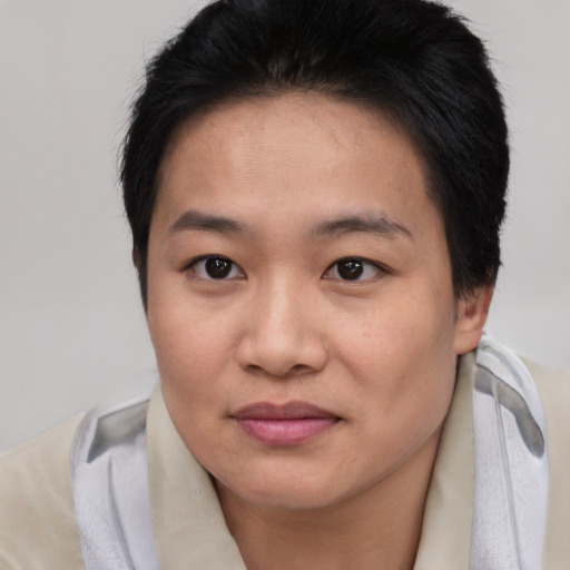 Joyful asian young-adult female with short  brown hair and brown eyes