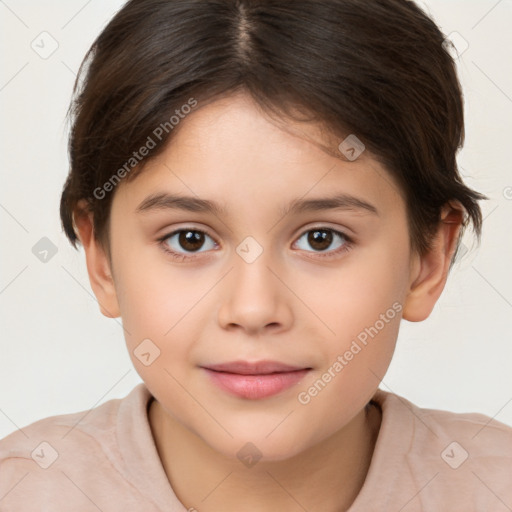 Joyful white child female with short  brown hair and brown eyes