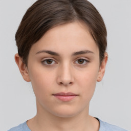 Neutral white young-adult female with short  brown hair and brown eyes