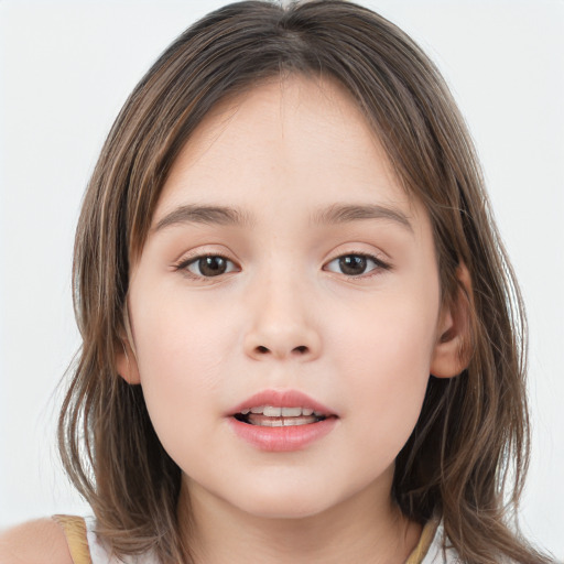 Neutral white child female with long  brown hair and brown eyes