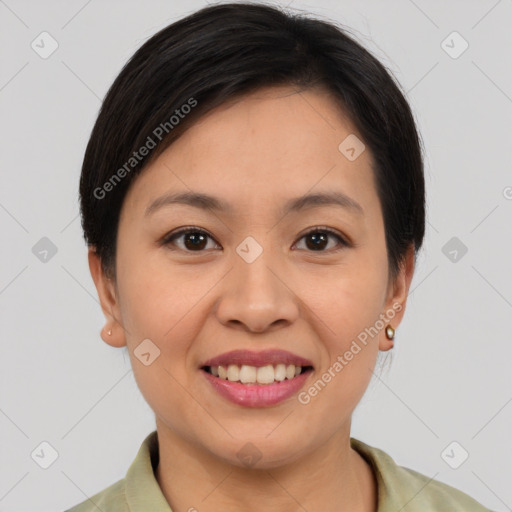 Joyful asian young-adult female with short  brown hair and brown eyes