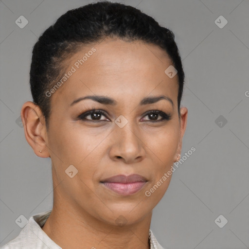 Joyful black young-adult female with short  brown hair and brown eyes