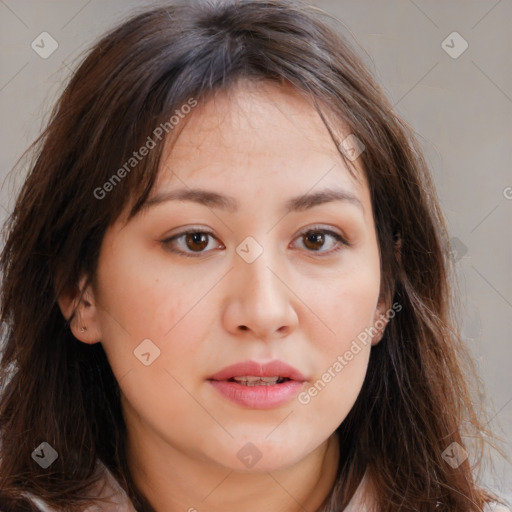 Neutral white young-adult female with long  brown hair and brown eyes