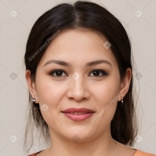 Joyful white young-adult female with medium  brown hair and brown eyes