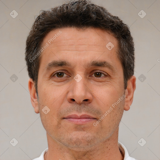 Neutral white adult male with short  brown hair and brown eyes