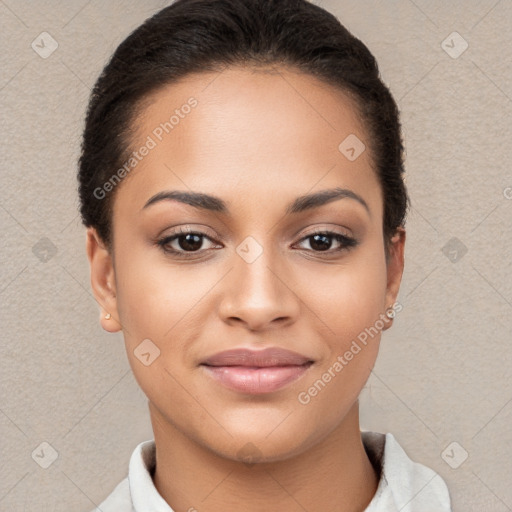 Joyful white young-adult female with short  brown hair and brown eyes