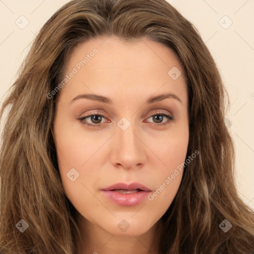 Neutral white young-adult female with long  brown hair and brown eyes