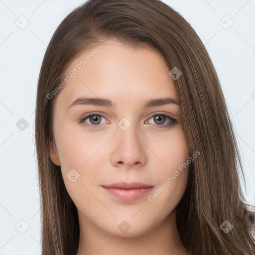 Neutral white young-adult female with long  brown hair and brown eyes