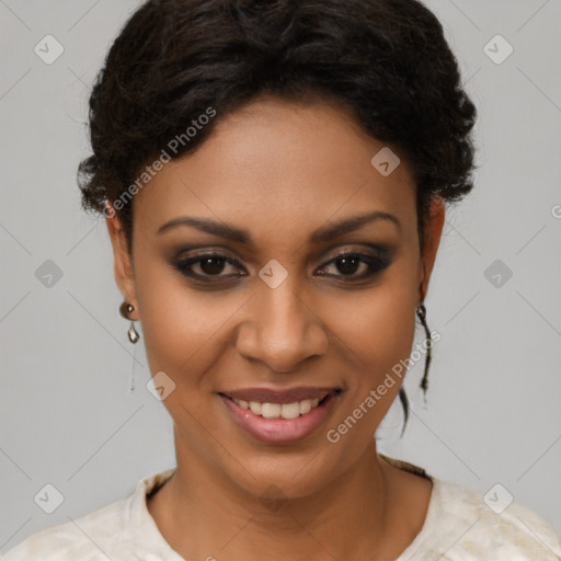 Joyful black young-adult female with short  brown hair and brown eyes