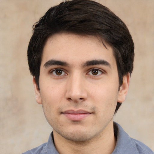 Neutral white young-adult male with short  black hair and brown eyes