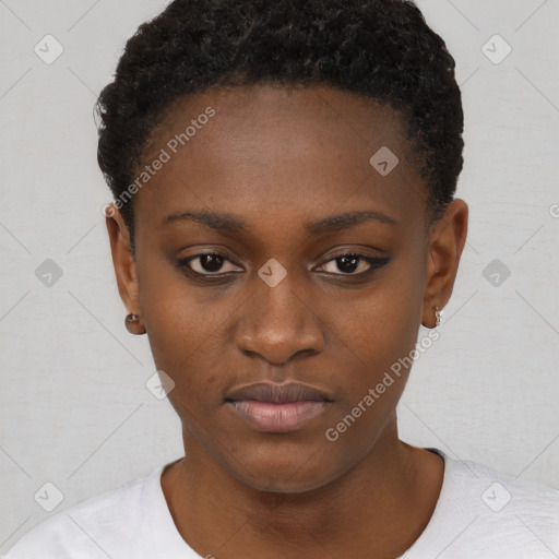 Neutral black young-adult female with short  black hair and brown eyes