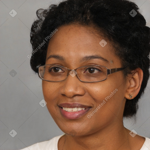 Joyful black adult female with short  brown hair and brown eyes