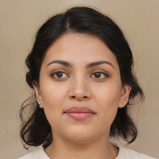 Joyful asian young-adult female with medium  brown hair and brown eyes