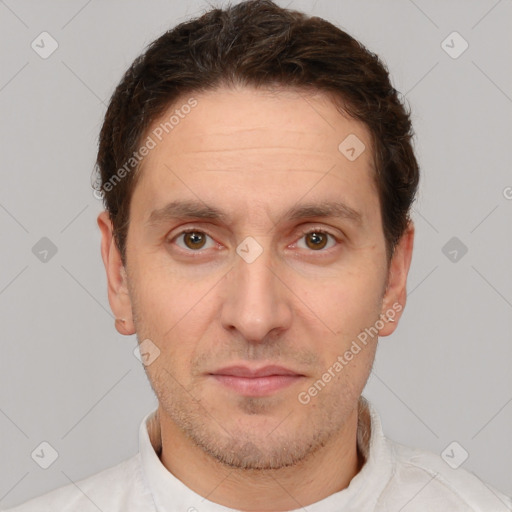 Neutral white adult male with short  brown hair and brown eyes