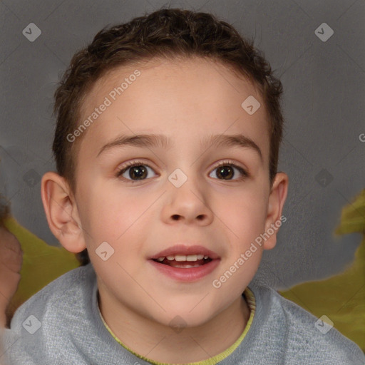 Joyful white child female with short  brown hair and brown eyes