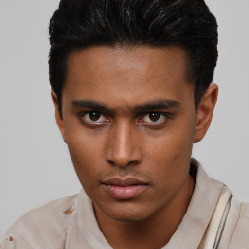 Neutral latino young-adult male with short  brown hair and brown eyes