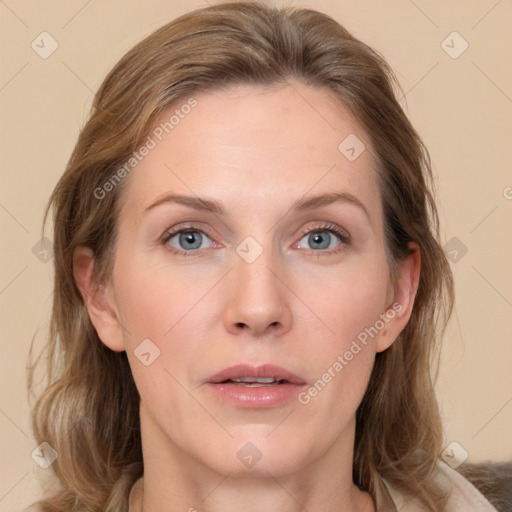 Neutral white adult female with medium  brown hair and grey eyes