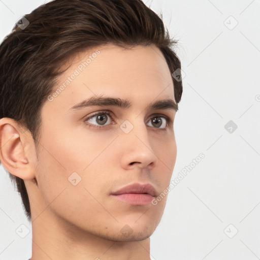 Neutral white young-adult male with short  brown hair and brown eyes