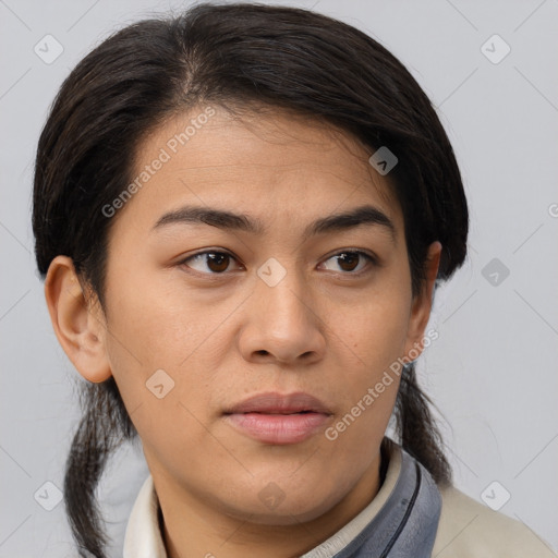 Joyful white young-adult female with medium  brown hair and brown eyes