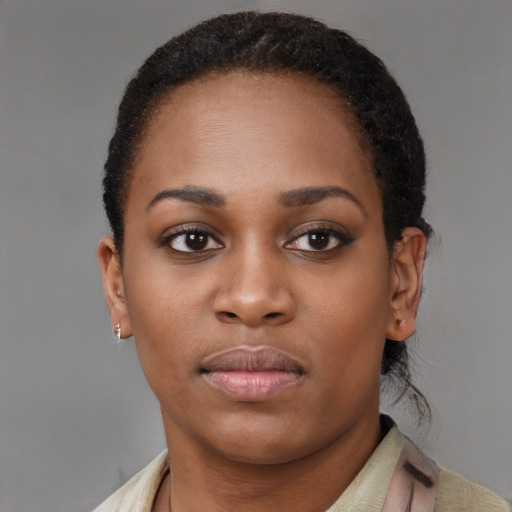 Neutral latino young-adult female with short  brown hair and brown eyes