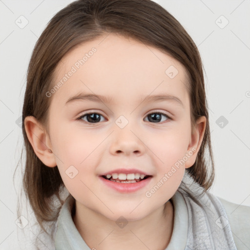 Joyful white child female with medium  brown hair and brown eyes