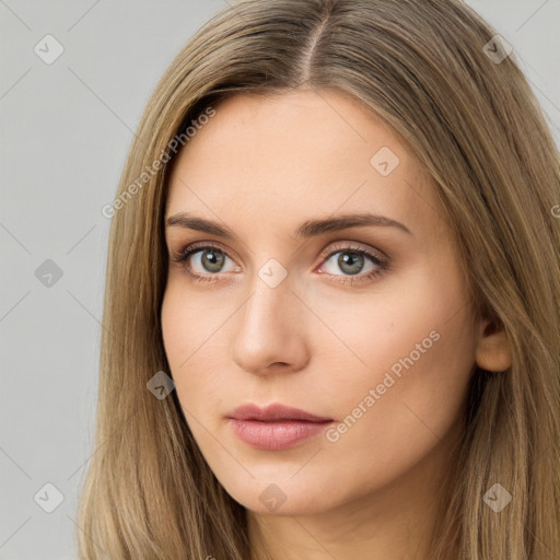 Neutral white young-adult female with long  brown hair and brown eyes