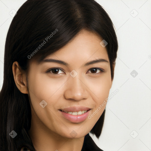 Joyful asian young-adult female with long  brown hair and brown eyes