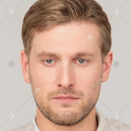 Neutral white young-adult male with short  brown hair and grey eyes