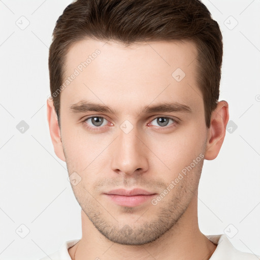 Neutral white young-adult male with short  brown hair and brown eyes