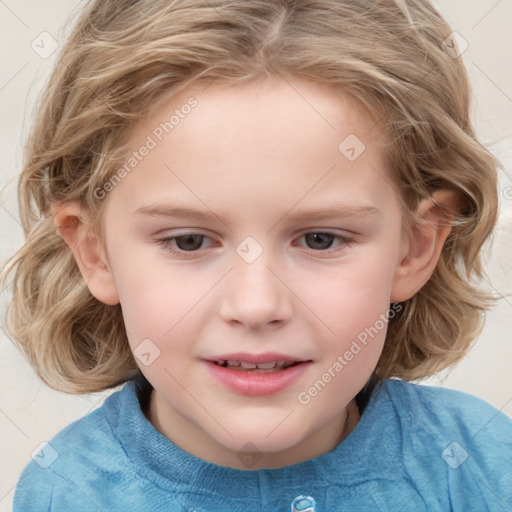 Joyful white child female with medium  brown hair and blue eyes