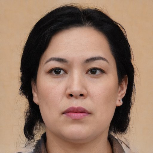 Neutral asian young-adult female with medium  black hair and brown eyes