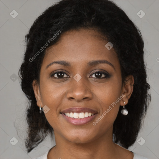 Joyful black young-adult female with medium  black hair and brown eyes