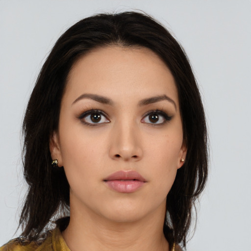 Neutral asian young-adult female with medium  brown hair and brown eyes