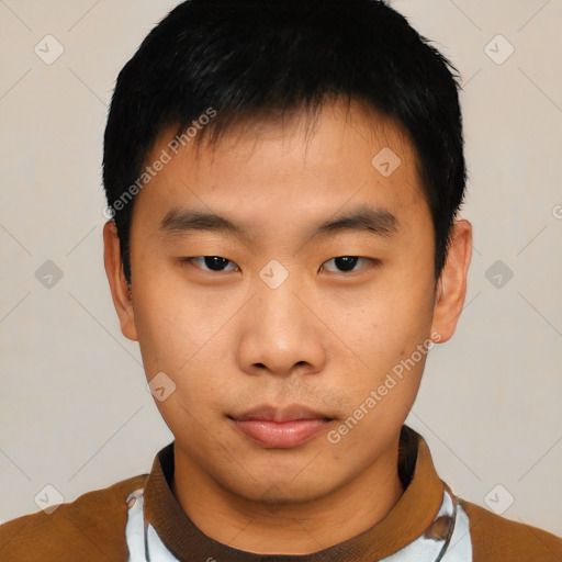 Neutral asian young-adult male with short  black hair and brown eyes