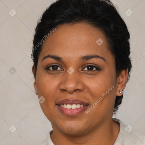 Joyful latino young-adult female with short  brown hair and brown eyes