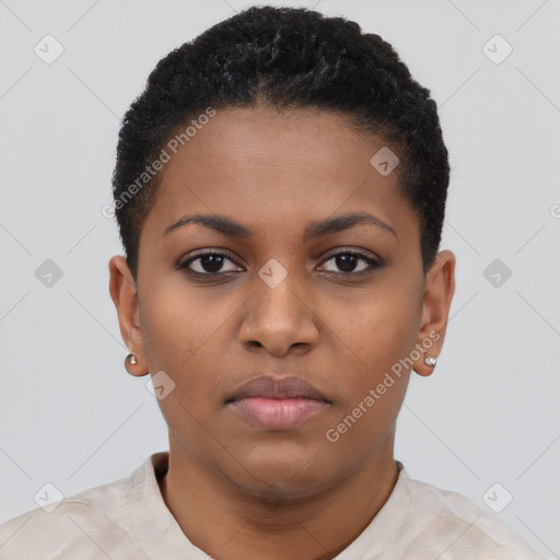 Neutral black young-adult female with short  brown hair and brown eyes