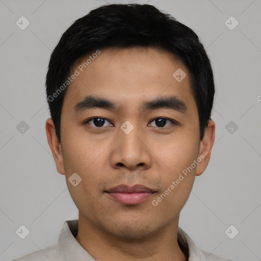 Neutral asian young-adult male with short  black hair and brown eyes