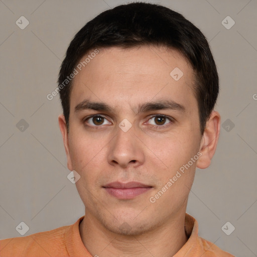 Neutral white young-adult male with short  brown hair and brown eyes