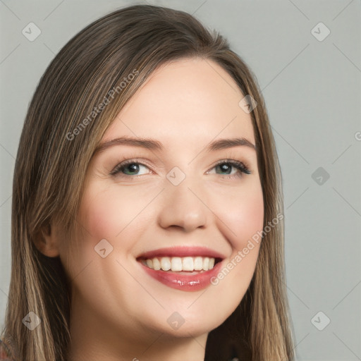 Joyful white young-adult female with long  brown hair and green eyes