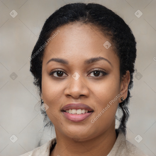 Joyful latino young-adult female with medium  black hair and brown eyes