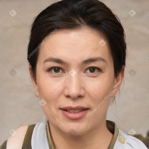 Joyful white adult female with short  brown hair and brown eyes