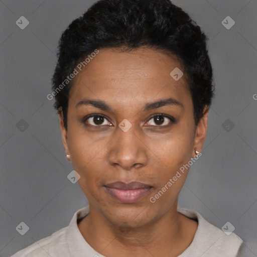 Neutral black young-adult female with short  black hair and brown eyes