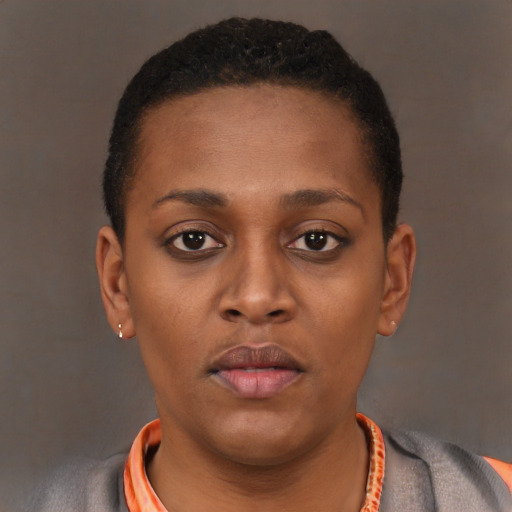 Neutral latino young-adult female with short  brown hair and brown eyes