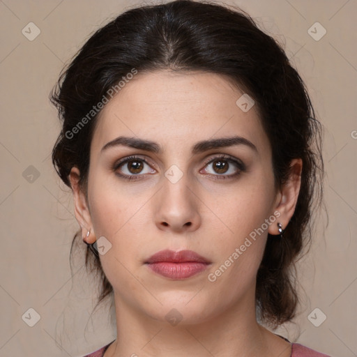 Neutral white young-adult female with medium  brown hair and brown eyes