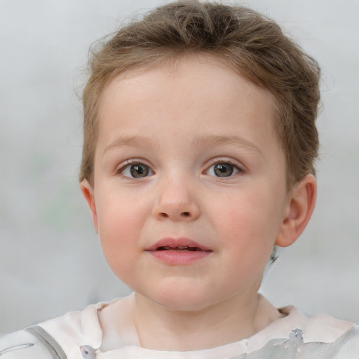 Neutral white child female with short  brown hair and grey eyes