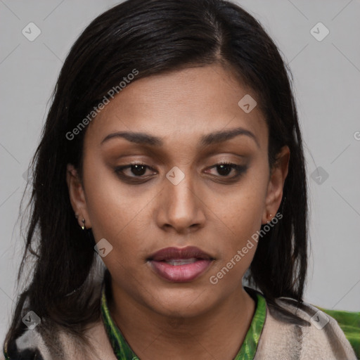 Neutral latino young-adult female with medium  brown hair and brown eyes