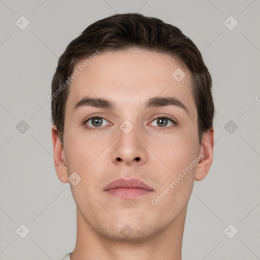 Neutral white young-adult male with short  brown hair and brown eyes